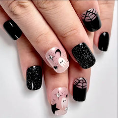 24 Pieces Halloween Themed Press-On Nail Tips: Black, Short, Square Shape with Ghosts, Dracula, and Spider Web Designs-10 Size