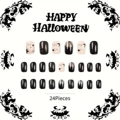 24 Pieces Halloween Themed Press-On Nail Tips: Black, Short, Square Shape with Ghosts, Dracula, and Spider Web Designs-10 Size