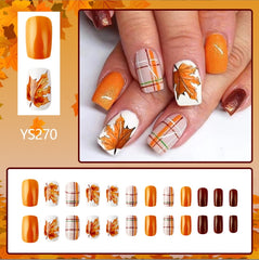 24Pcs Press on Nails Square Glossy Maple Leaf Color Blocking Design Full Cover False Nails -12 Sizes