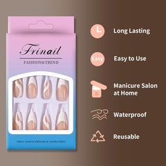 24Pcs French Tip Almond Nude Color Glossy Curved Strip Design - Press on Nails