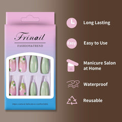 24Pcs Medium French Tip Almond Green Pink Flowers Design - Press on Nails