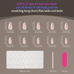 24Pcs French Tip Almond Nude Color Glossy Curved Strip Design - Press on Nails