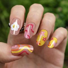 24Pcs Oval Glossy Nails Cute Design Sun Floral - Press on Nails