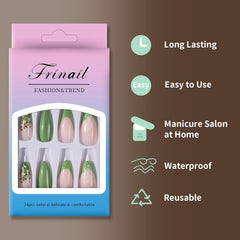 24Pcs Medium French Tip Almond Green Pink Design - Press on Nails