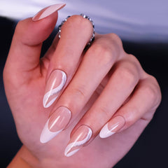 24Pcs French Tip Almond Nude Color Glossy Curved Strip Design - Press on Nails