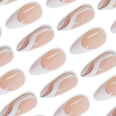 24Pcs French Tip Almond Nude Color Glossy Curved Strip Design - Press on Nails