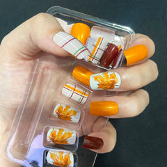 24Pcs Press on Nails Square Glossy Maple Leaf Color Blocking Design Full Cover False Nails -12 Sizes