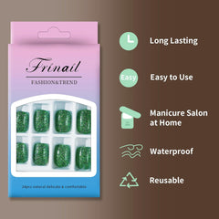 24Pcs Glitter Green Solid Color Short Square Design - Press on Nails