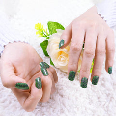 24Pcs Glitter Green Solid Color Short Square Design - Press on Nails