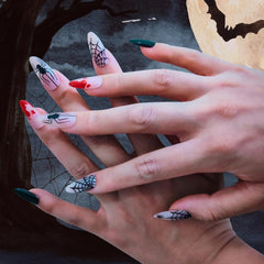 24Pcs Medium Almond  Designed Blood Drop Spider Web False Nails Glossy Texture Manicure -12 Sizes