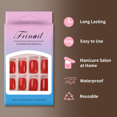 24Pcs Glitter Red Solid Color Short Square Design - Press on Nails