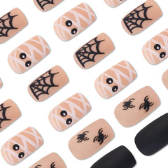 24Pcs Short Square Designed Bandaged Faces,Spider Web False Nails Matte Texture Manicure -12 Sizes