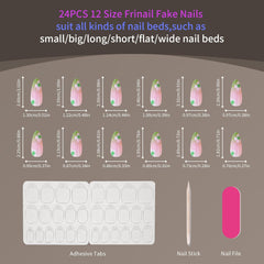 24Pcs Medium French Tip Almond Green Pink Flowers Design - Press on Nails