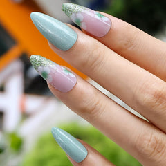 24Pcs Medium French Tip Almond Green Pink Flowers Design - Press on Nails