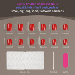 24Pcs Glitter Red Solid Color Short Square Design - Press on Nails