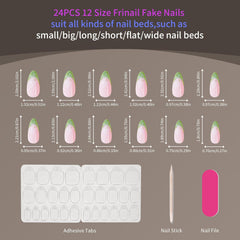 24Pcs Medium French Tip Almond Green Pink Design - Press on Nails