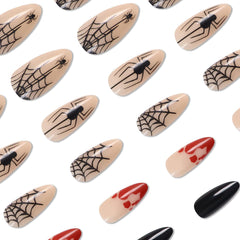 24Pcs Medium Almond  Designed Blood Drop Spider Web False Nails Glossy Texture Manicure -12 Sizes