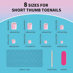 Press On Toenails,French Tip Short Square Acrylic Toe Press On Nails,24 PCS 8 Sizes ,Crystal Glitter