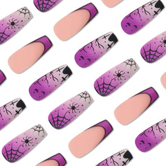 24Pcs Medium Purple Coffin Spider Web Designed With Matte Texture Manicure -12 Sizes