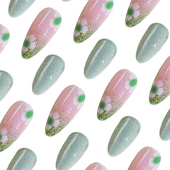 24Pcs Medium French Tip Almond Green Pink Flowers Design - Press on Nails