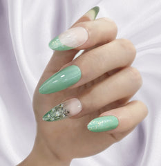 24Pcs Medium French Tip Almond Green Pink Design - Press on Nails